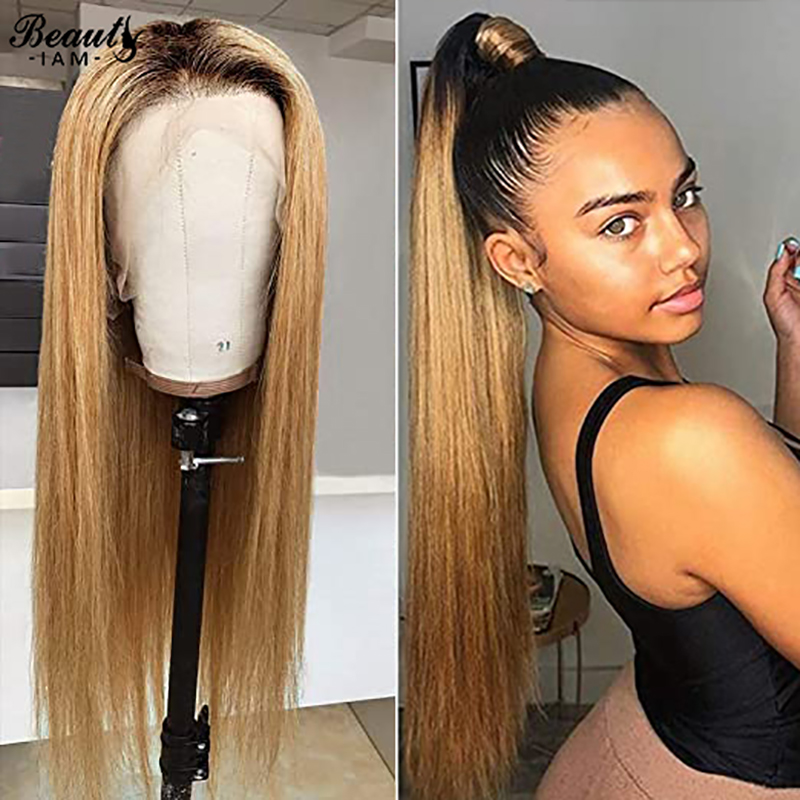

1b/27 Straight Silk Base 4x4 Lace Closure Human Hair Wigs For Women Glueless Bleached Knot Virgin Wig Pre Plucked With Baby Hair, 1bt27