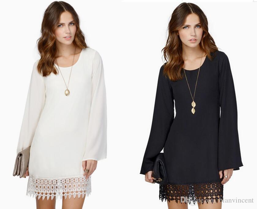 

hot selling dresses for women clothes fashion a line short long bell sleeve autumn chiffon casual loose crew v neck plus size dress, Black