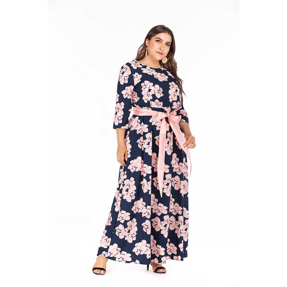

long-sleeved dress Plus size women's bohemian printed dress, Pink
