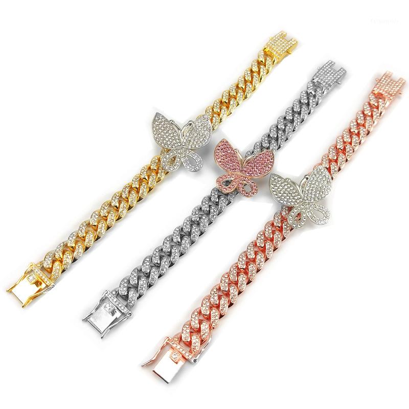 

Hip Hop Mosaic Zircon Bracelet Pink Butterfly Cuban Bracelet for Men and Women Jewelry Accessories Top Quality1