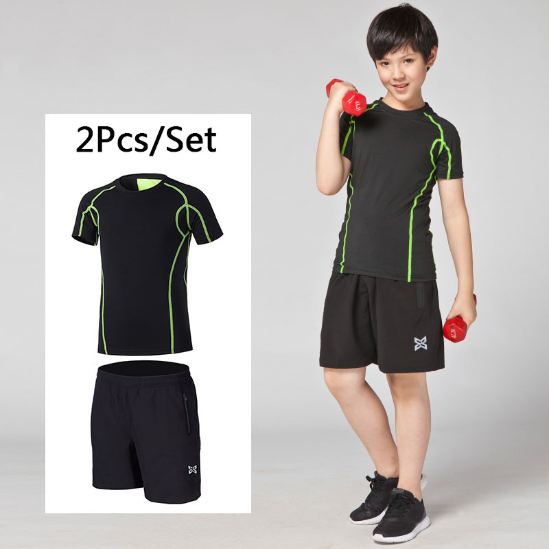 

Kids compression base layer running Shorts shirts sets jogging shorts soccer Basketball Sportswear Gym Sports clothes 2pcs, Gray line set