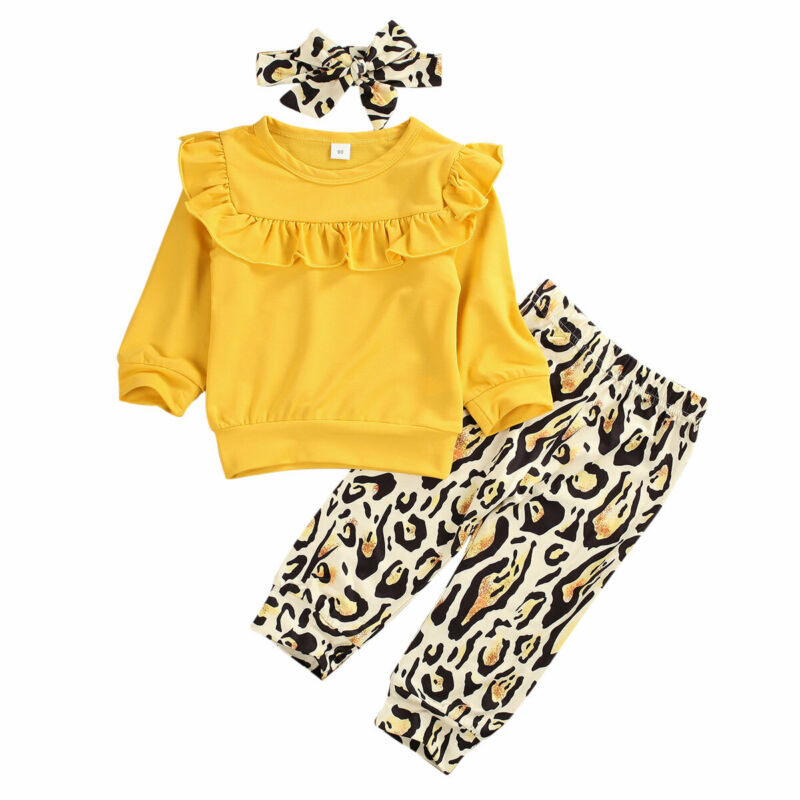 

1-5Y Toddler Kids Baby Girl Long Sleeve Ruffles Pullover T-shirt Tops Leopard Long Pant Headband 3PCS Girls Clothing Set, As pic