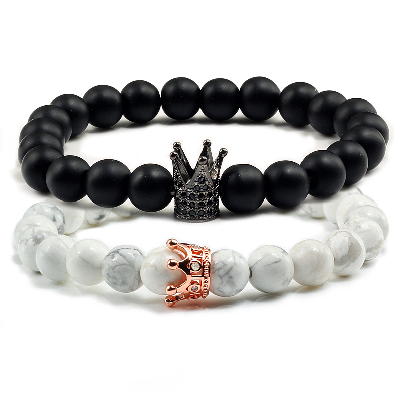 

2 Pcs/Set White and Balck Couples Bracelets For Lover His King Her Queen Crown Hand Chains Tiger Eye Charms Mens Yinyang Bangles