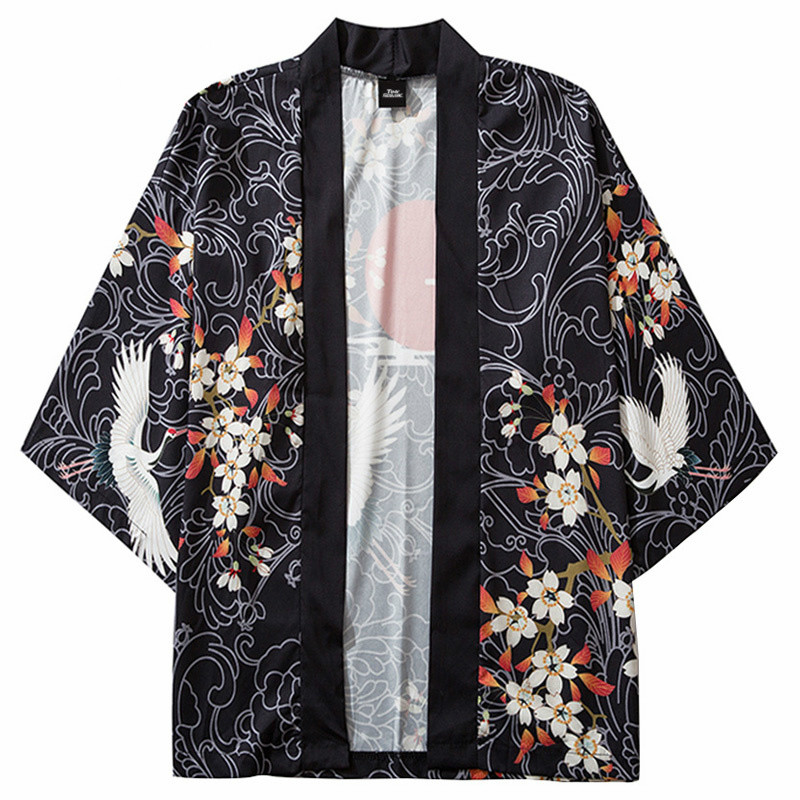

MarchWind Japanese Kimono Jacket Floral Crane Harajuku 2020 Hip Hop Men Japan Clothing Kimono Streetwear Jacket Summer Thin Loose Style, Black
