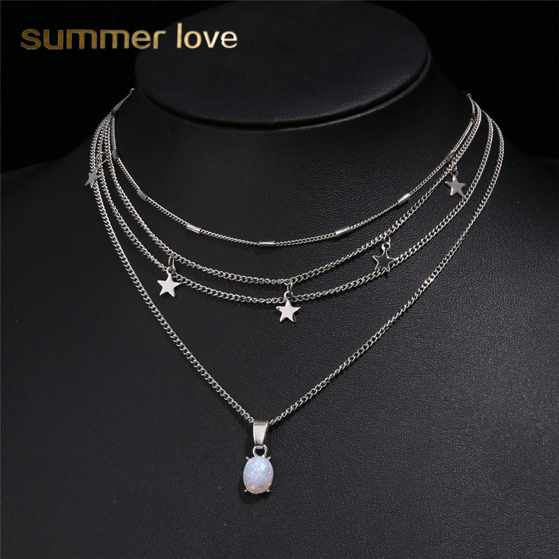 

Newest Multilayer Pentagram Charm Silver Pendants Choker Necklace for Women Bohemian Silver Stone Choker Chain Necklace Trendy Jewelry
