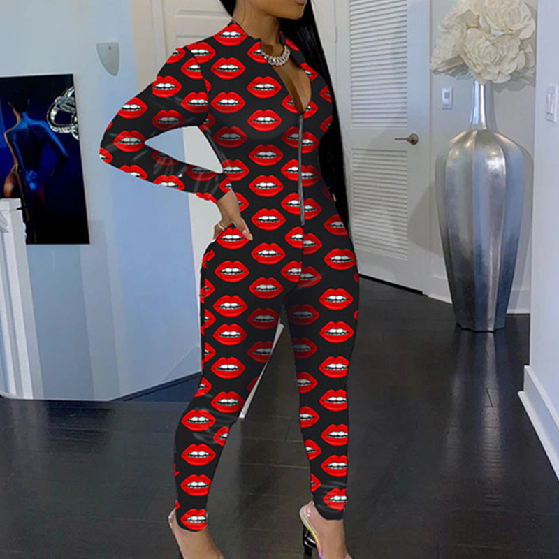 

Fashion Lips Printed V Neck Zipper Front Skinny Rompers Women Jumpsuit Casual One Piece Overalls Streetwear