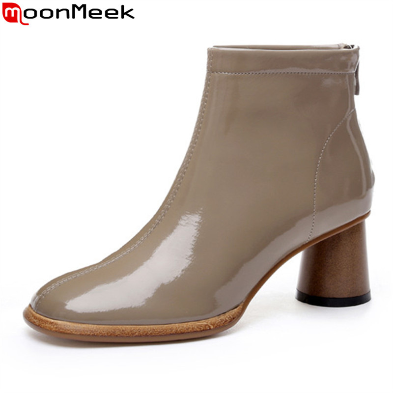 

MoonMeek 2020 Genuine leather boots thick high heels square toe ladies shoes autumn winter solid color ankle boots for woman, Black