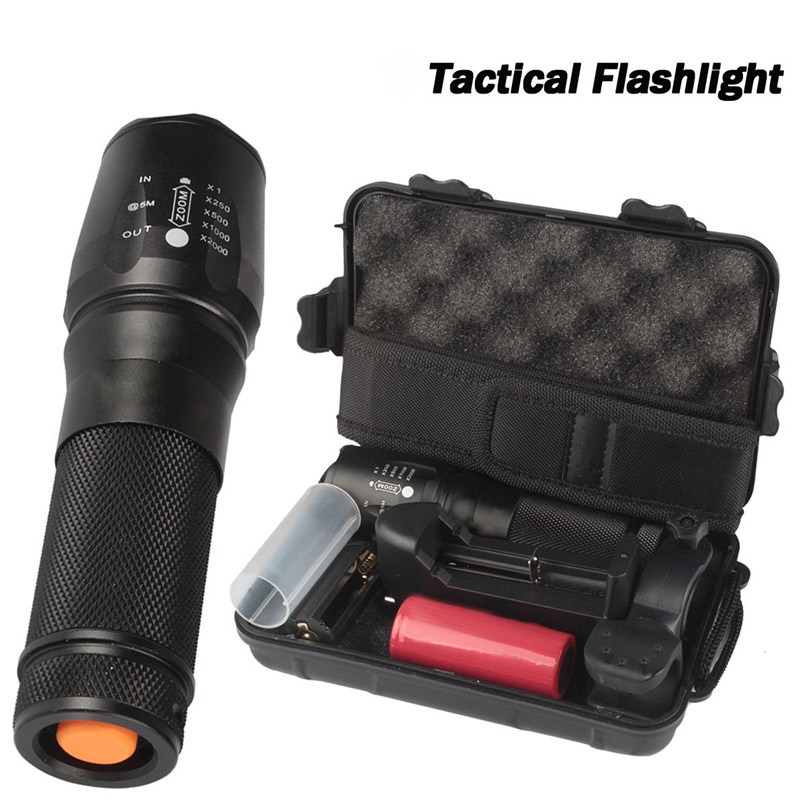

New X800 Tactical Flashlight XML T6 LED Zoom Torch Lamp Waterproof Bike Light with Battery Charger for Camping Hiking Repairing