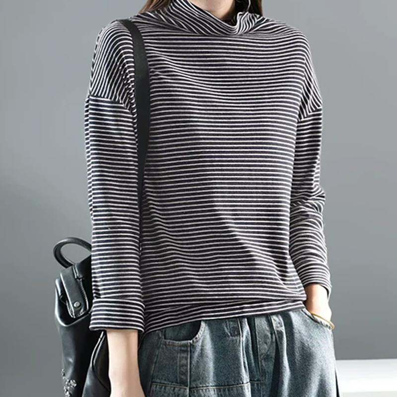 

Plus Size Tunic Women' Stripe Blouse ZANZEA 2020 Vintage Turtleneck Shirts Long Sleeve Blusas Female Casual Pullovers Tops 5XL, Black