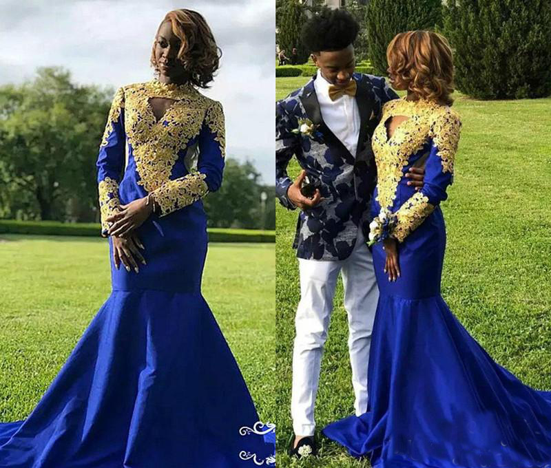 

2018 Royal Blue Mermaid Prom Dresses With Gold Applique Satin Sweep Train Long Sleeve Formal Dress Party Evening Wear Fat Evening Gowns, Lilac