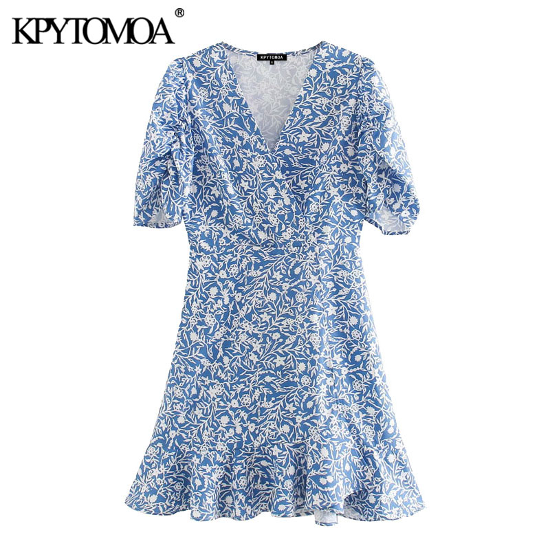 

KPYTOMOA Women 2020 Chic Fashion Floral Print Ruffled Mini Dress Vintage V Neck Puff Sleeve Side Zipper Female Dresses Vestidos, Blue