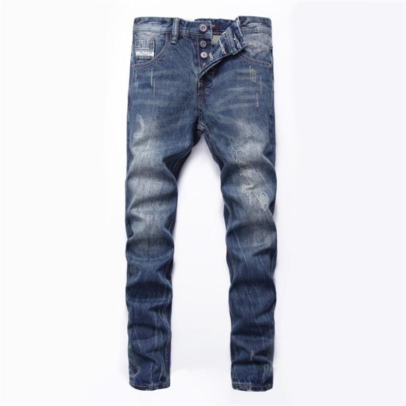 

dropshipping 2018 New Fashion Brand Designer Jeans Men Straight Dark Blue Color Printed Mens Jeans Ripped 100% Cotton
