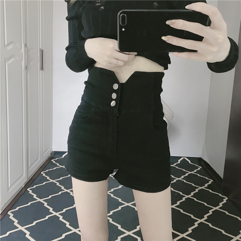 

2019 Summer New Korea Short Jeans Women High Waist Back Crossed Jean Shorts Light Blue Black Casual Elastic Jeans Streetwear