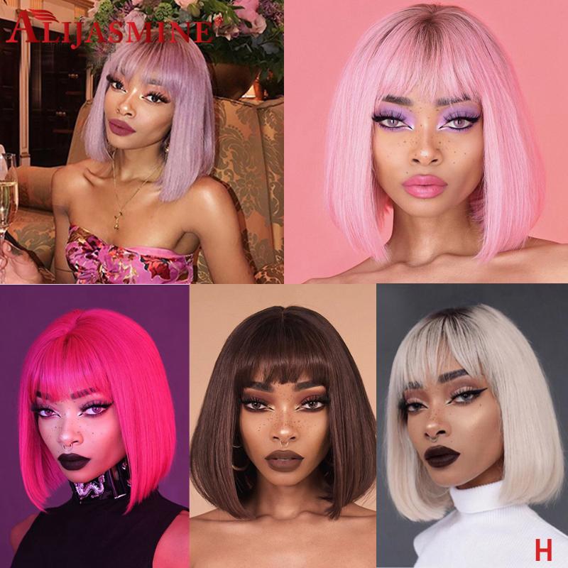 

Colored Human Hair Wigs With Bangs For Black Women Ombre Short Bob Lace Front Wigs Brazilian Remy Lace Front Human Hair, Natural black color