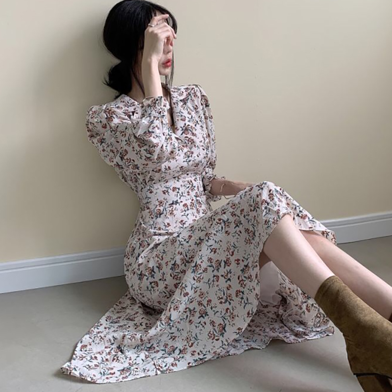 

Puff Long Sleeve Flower Dress Chiffon Vestido Midi a Line Elegant Bohemian Spring Korean Summer Beach Green Button Vestiti Donn, Apricot