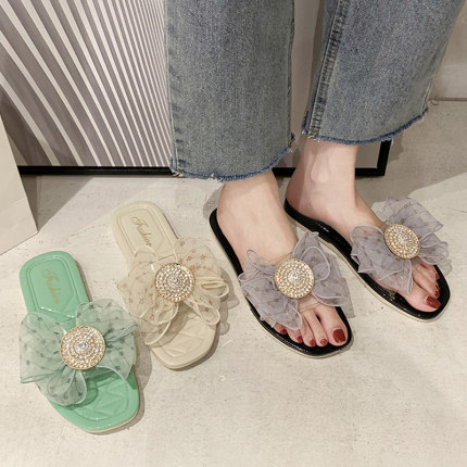 

Net red sandals and slippers women wear summer 2020 new fairy style sweet bow flat rhinestone slippers tide, Black