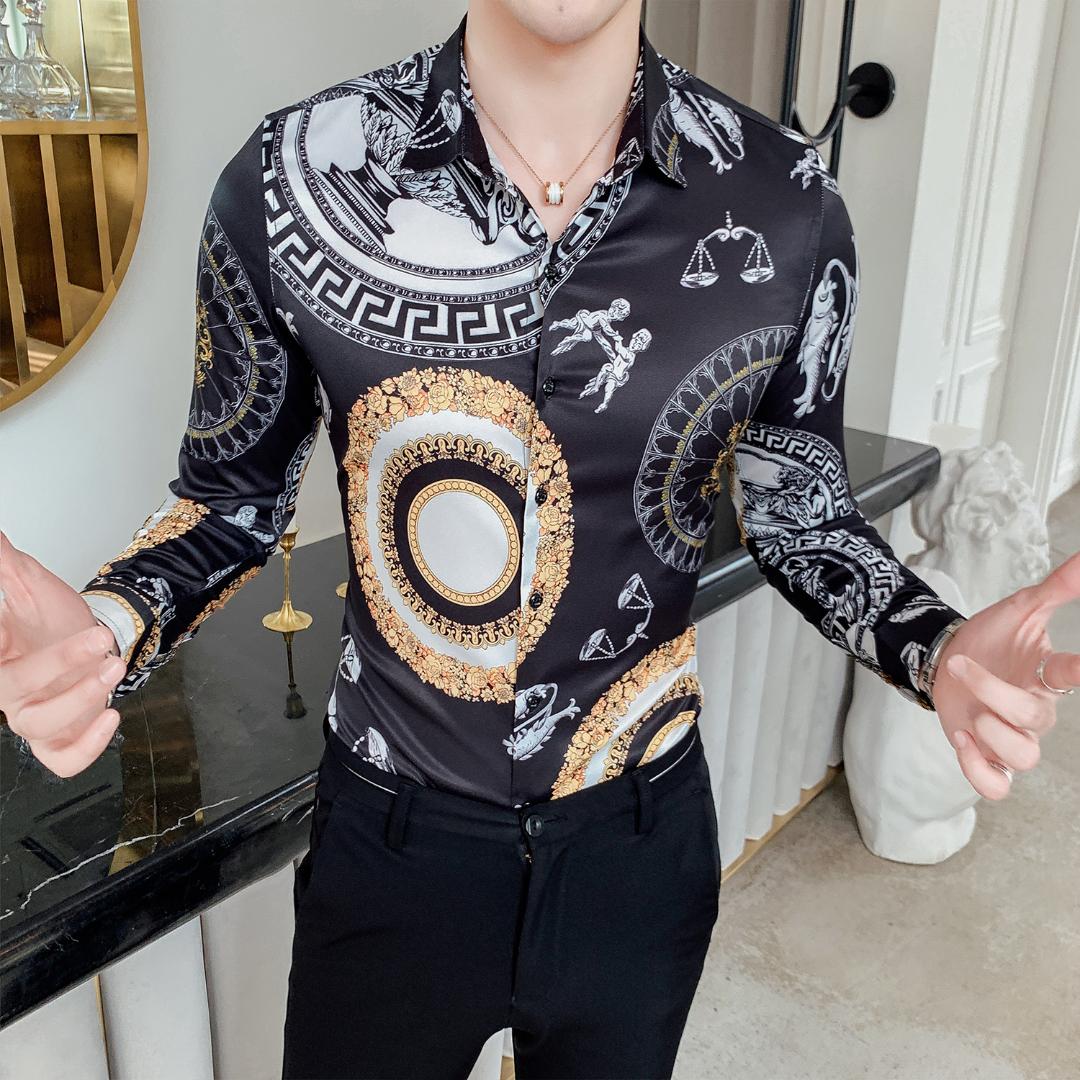 

Beautiful High Quality Leisure Breathable Gentleman Trend Comfortable Fashion Flower Shirt Gold Garland Print Long-sleeved Shirt, Black