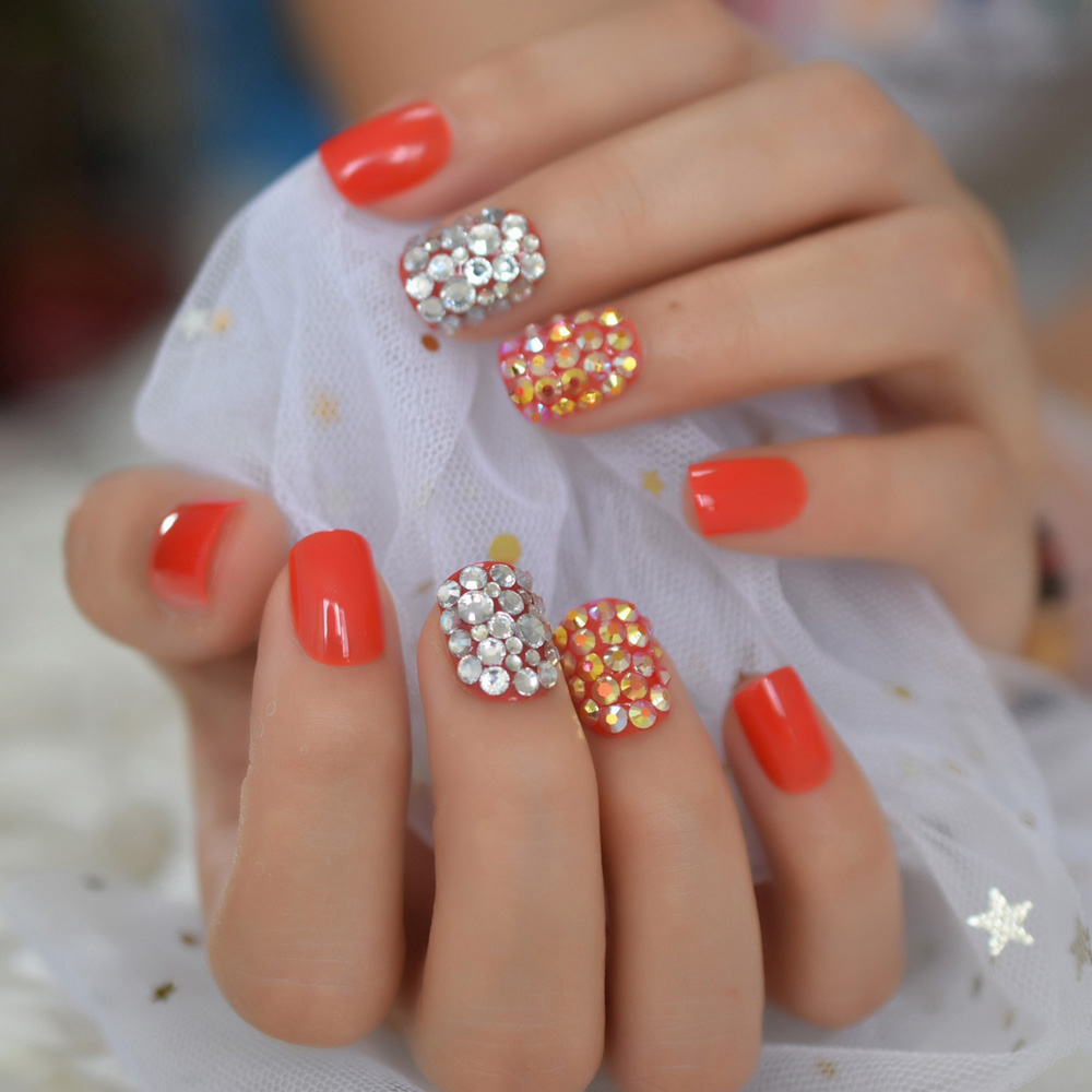 

Sexy Red Clear Jelly Rhinestones False Nails Customize Finish Designs Women Fake Finger Wear Nail Art Tips with Adhesive Tabs, Beige