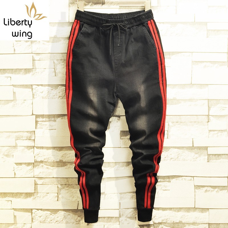 

Autumn New Side Striped Elastic Waist Black Denim Pencil Pants Men Fashion Casual Slim Fit Korean Jeans Male Brand Clothing