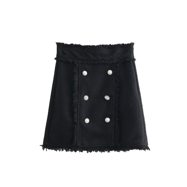 Stylish Elegant Double Breasted Tweed Skirt Vintage Women Chic Black Mini Skirts A-Line Bottoms Feminine Casual Jupe Femme-image-446815896