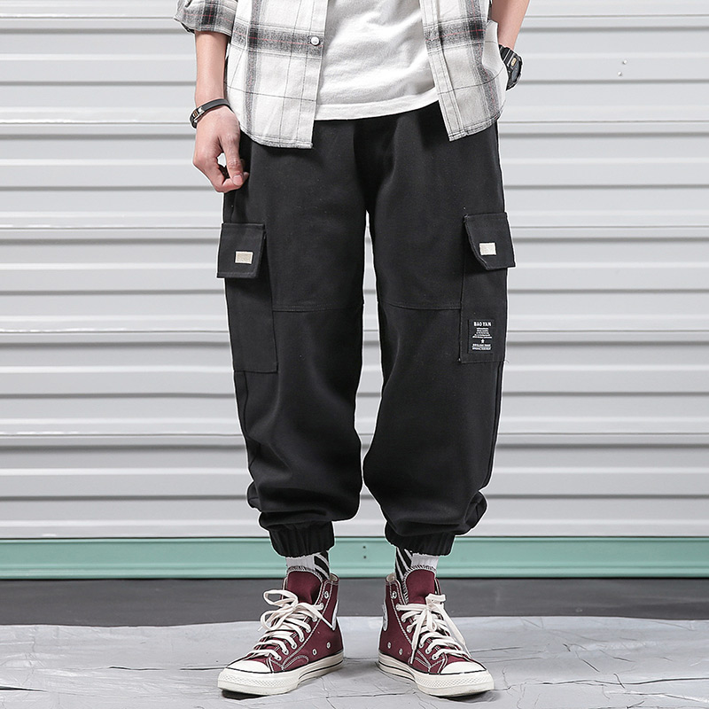 

Men Multi-pocket Elastic Waist Design Harem Pants Casual Trousers Joggers Male Cargo Pants Street Punk Loose Hip Hop Black 5XL, Beige