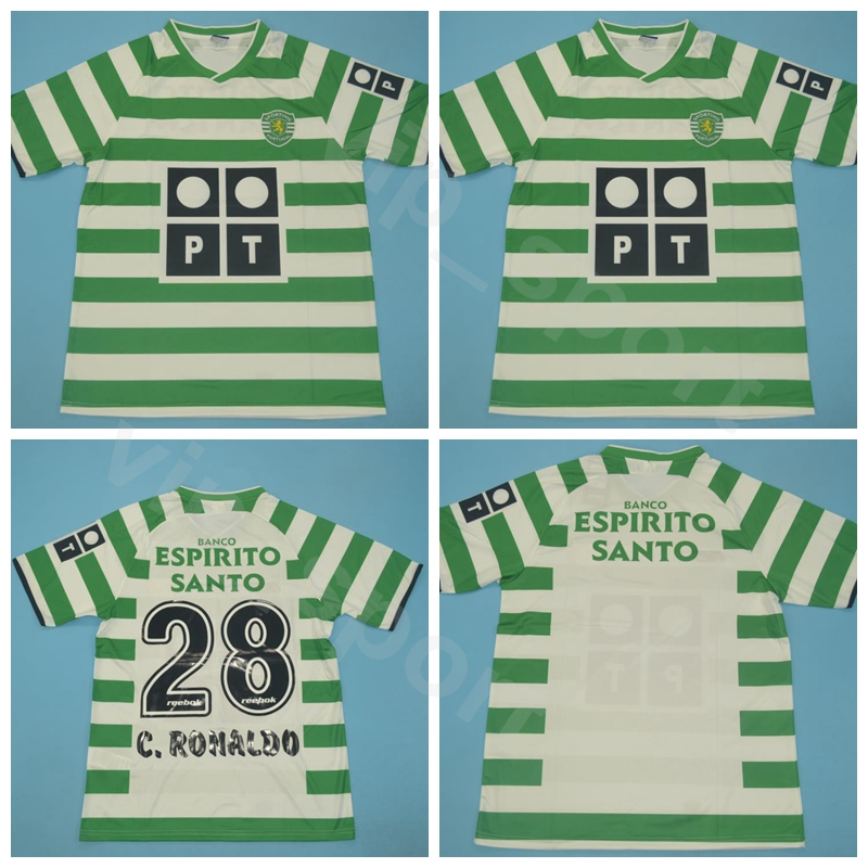 

2003 2004 Retro Cristiano 28 Ronaldo Jersey Soccer Sporting CP Lisbon Luis Figo Liedson Bento Team Green Football Shirt Kits Uniform