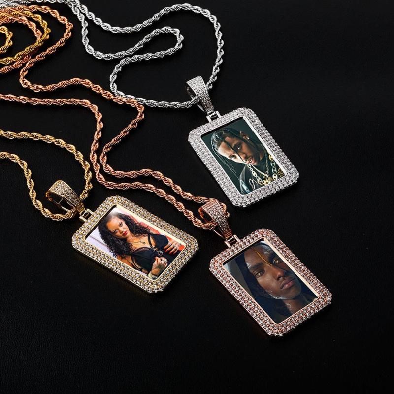 

Custom Photo Frame Memory Medallions Geometric Sqaure Pendants Necklace for Women Men Hip Hop Bling Iced Out Rapper Jewelry