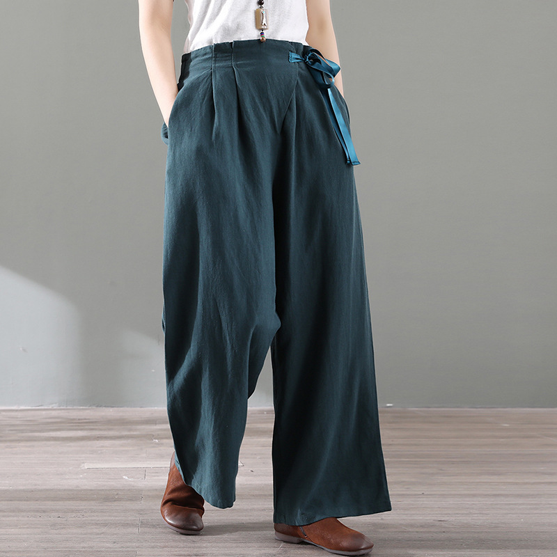 

Johnature Trousers Women Clothes Wide Leg Pants Drawstring 2020 New Spring Loose Full Length Casual Cotton Linen Women Pants, Beige