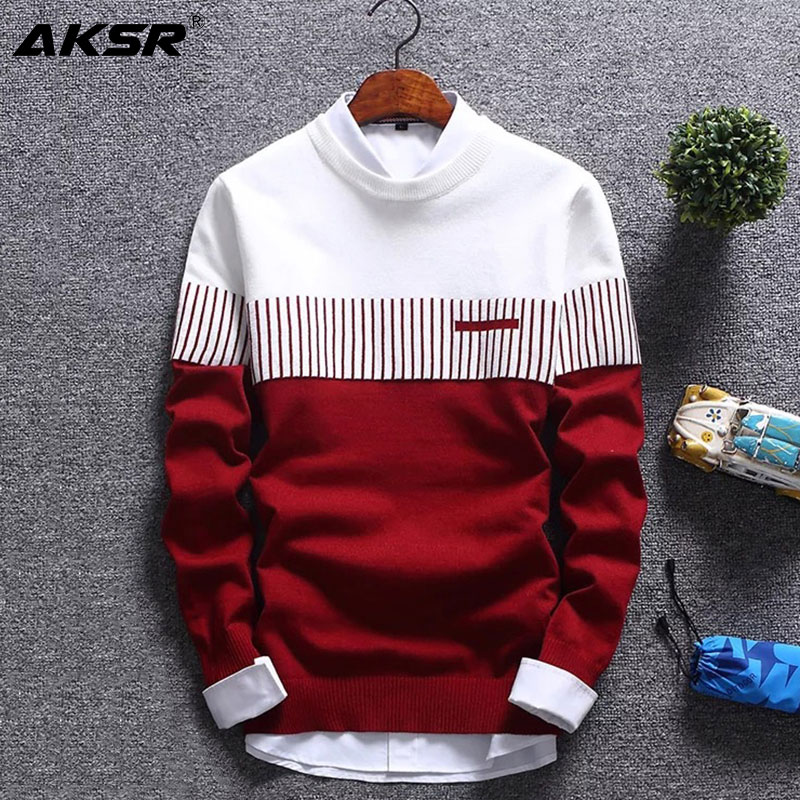 

AKSR Men's New Fashion Wool Sweater Coat Striped O Neck Pullover Jumper Men Cashmere Warm Swetry Pull Homme Jersey Sueter Hombre, Navy