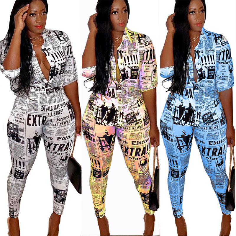 

Women Vintage Newspaper Print two Piece Set Half Sleeves Blouse Shirts Pencil Pants Tracksuit Streetwear bodysuit Outfits clothing plus size, Yellow