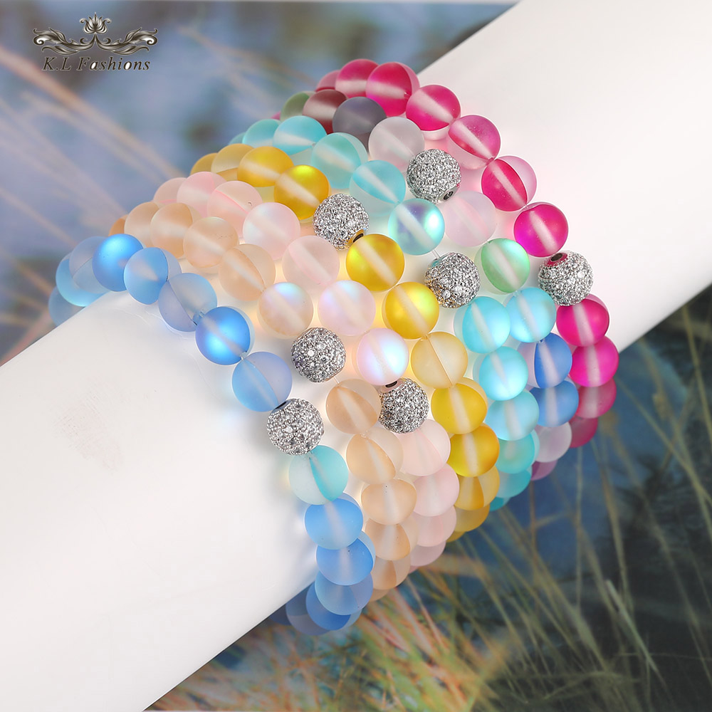 

2021 Women Men Fashion Natural Flash Stone Beaded Strands Bracelet 8mm 6mm Polish Frosted Colorful Crystal Glass Beads Zircon Copper Moonstone Bracelets