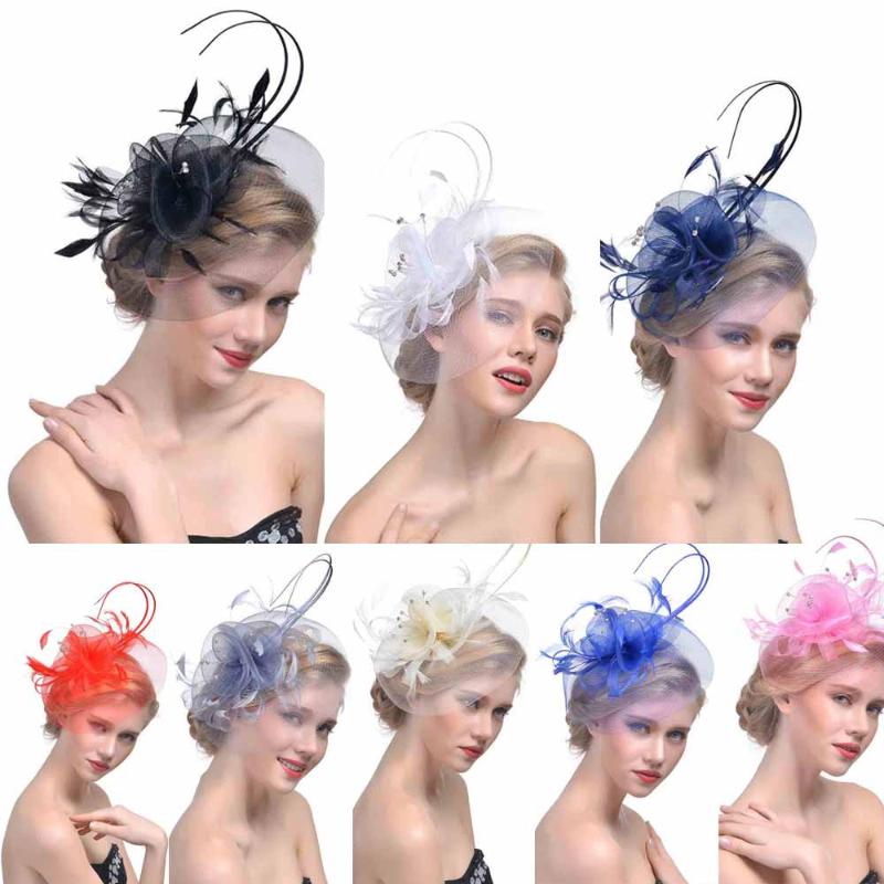 

Fascinator Women Headdress Wedding Accessories Flower Mesh Ribbons Feathers Headband Wedding Party Bridal Hat Headwear