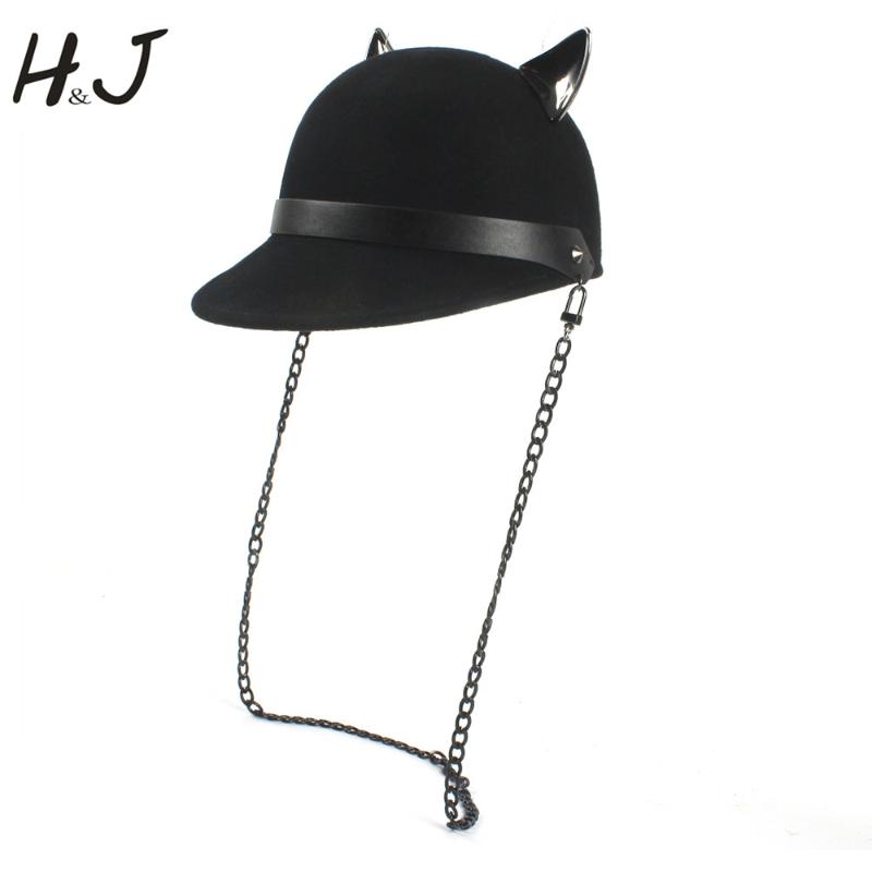 

100% Wool Women Black Fedora Hat With Chain Lady Devil Horns Cute Cat Ear Animal Bowler lovely Baseball Cap