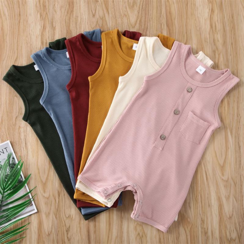 

2020 New Newborn Baby Boy Girl Clothes Solid Color Sleeveless Knitted Cotton Button Romper Jumpsuit One-Piece Outfit Clothes