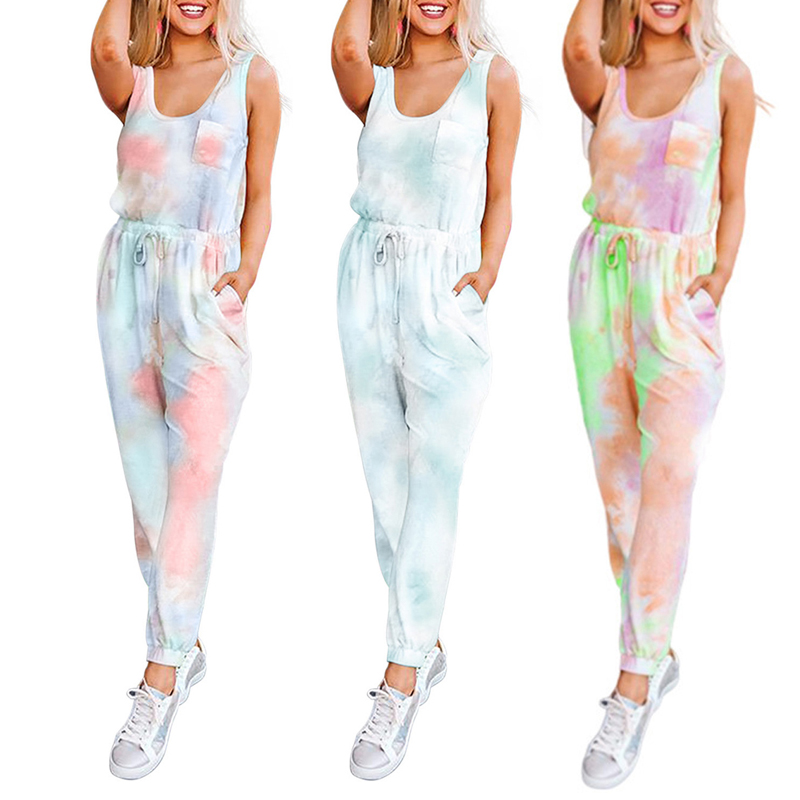 

2 Pieces Sport Suit Set for Women Tie-Dye Print Round Neck Sleeveless T-Shirt+Trousers Casual Sportswear Female Tracksuit, Blue