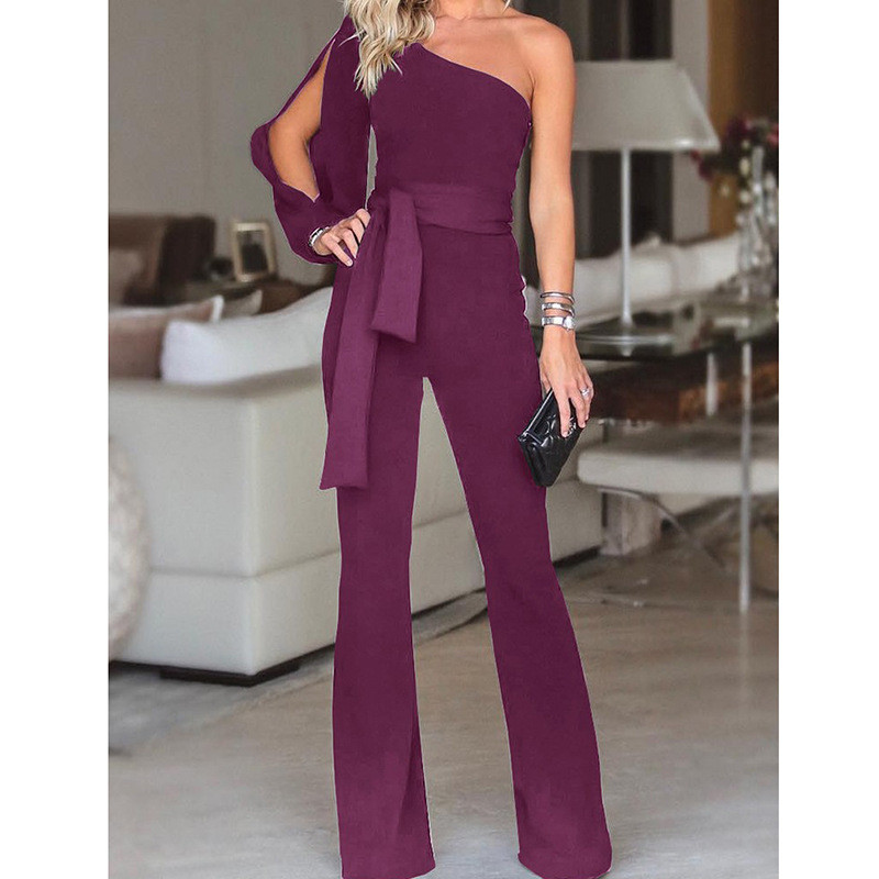 

Summer Fashion Women Solid Party Clubwear Playsuit Jumpsuit One Shoulder Long Sleeve Casual Fitted Long Trousers Pant, Black