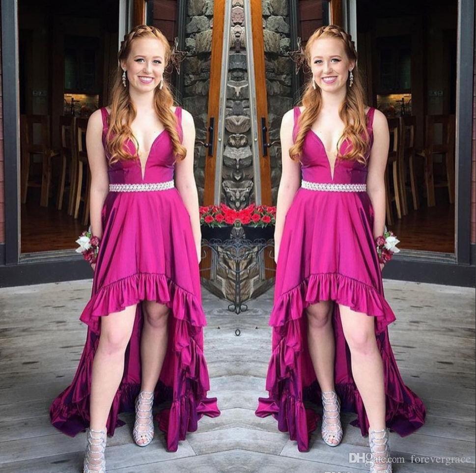 

2019 High Low Plunging Sleeveless Prom Dress Formal Holidays Wear Graduation Evening Party Gown Custom Made Plus Size, Same as picture