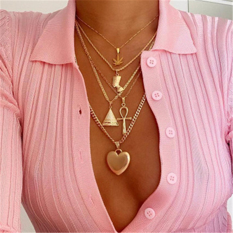 

Gold Multilayer Necklace Maple Leaf Pharaoh Pyramid Heart Necklaces Stackings Women Hip Hop Fashion Jewelry DropShip 380172, Silver