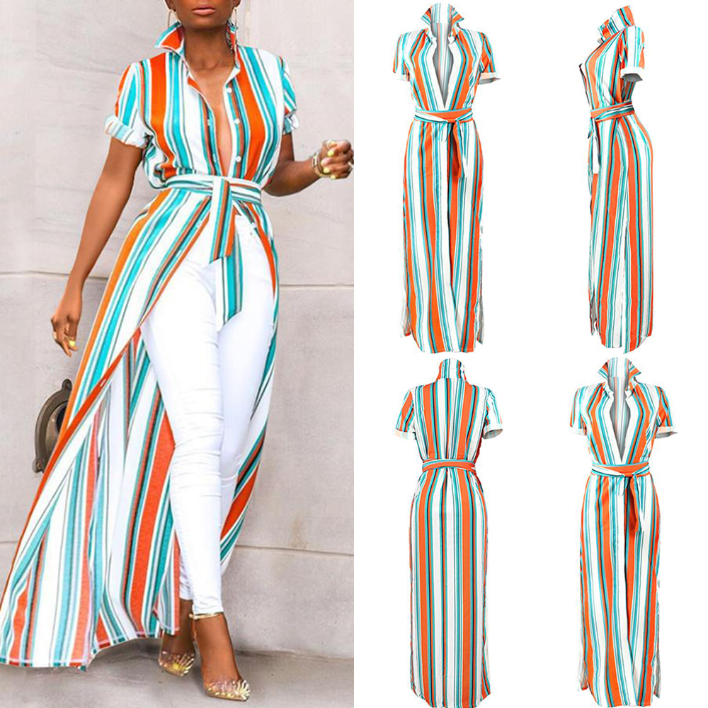 

Women Boho Turndown Collar Striped Blouse T-Shirt Summer Beach Shirt Blouse, White