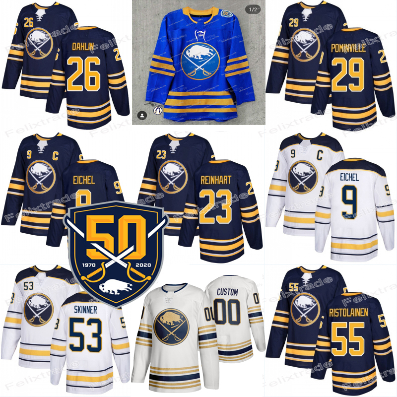 

50th Season Patch Buffalo Sabres Jack Eichel Jeff Skinner Rasmus Ristolainen Rasmus Dahlin Sam Reinhart Sheary Okposo Pominville Jerseys, Womens 2019-2020 third