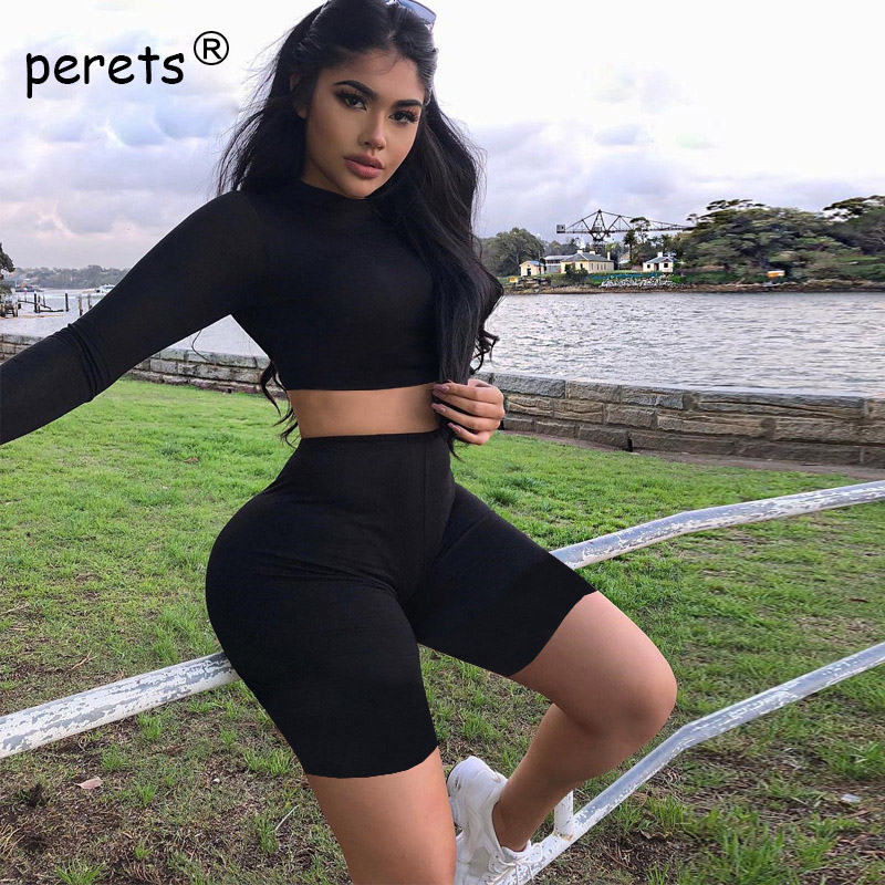 

2 Pieces Set High Neck Long Sleeve Elastic Crop Tops and Shorts 2018 Autumn Winter Trendy Women Fashion Casual Sets Tracksuits, Green