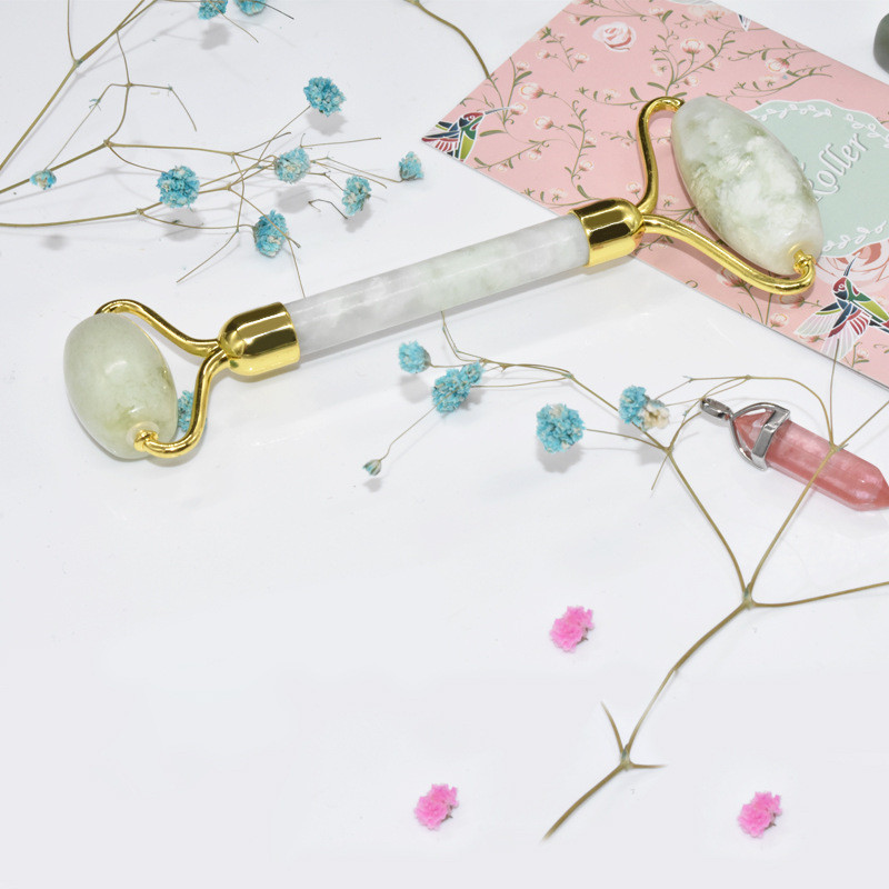 DHL freeshipping Natural Facial Massage Jade Roller Face Thin Massager With rubber plug mute White and Green Jade Roll-image-538687306