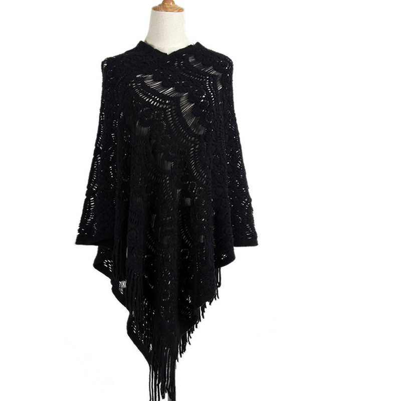 

2019 Sweater Women Long Hollow Irregular Cloak Shawl V-neck Solid Color Hook Flowers Loose women's Sweaters Vestidos MMY69146, Black