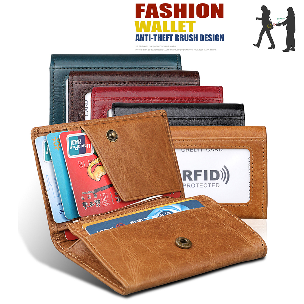 

RFID Blocking Tri-fold Purses Genuine Leather Credit Card Holder Unisex Banknote Pocket Money Pouches Short Cowhide Wallet Gifts, 5 colors for choice