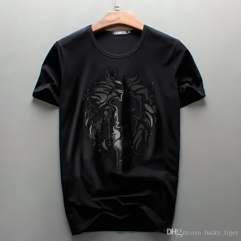 

Lion Tshirts black color Three Dimentional Print with Hot Drilling Lion Tees for men Pure colors short sleeve t shirts size M-4XL, White;black