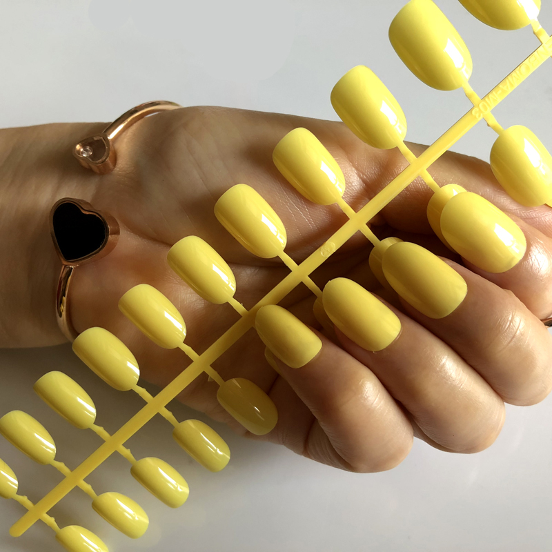 

YELLOW Round Natural False Nails Glitter French Nail Short Round Size Manicure Tips 24pcs #19, 24