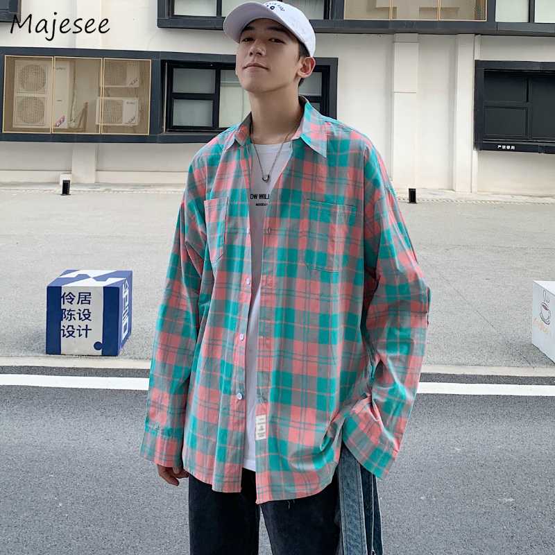 Men Shirts Plaid Long Sleeve Large Size 3XL Oversize Chic BF Stylish Simple Mens Shirt Teens Ins Retro Harajuku Streetwear New