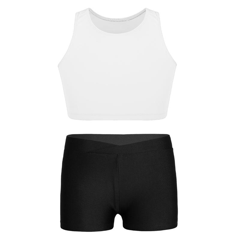 

Dance Costume Kids Girls Ballet Clothes Gymnastics Exercise Dancewear Sleeveless Crop Top Tanks Tops With Shorts Bottoms Set, Ivory