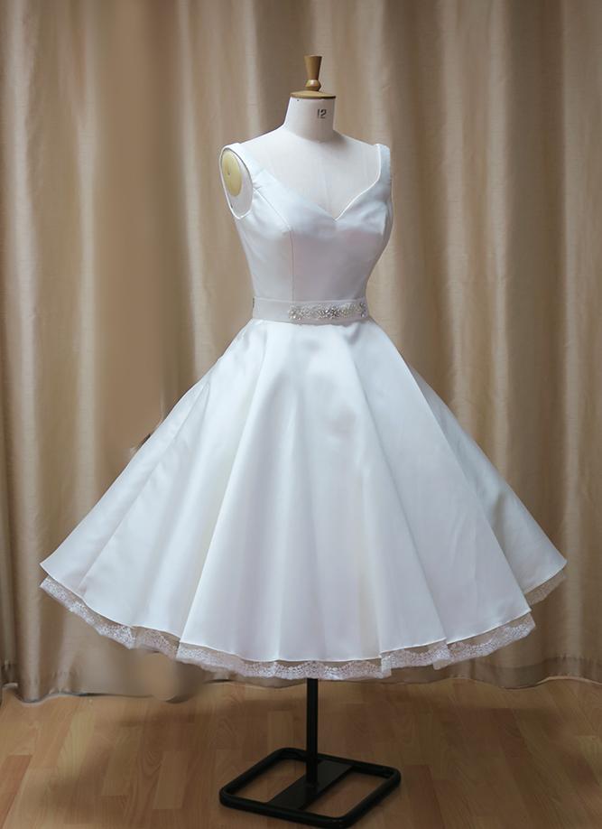 A line Satin Lace Trim Beading plus size wedding dress Knee Length Wedding Dresses tea length wedding dress SW0012