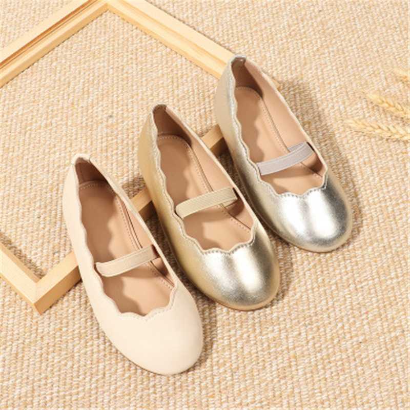 

2020 Girls Single Shoes Simple Wave Elastic Band Children Dance Shoes Flat Girls Princess Leather, Golden